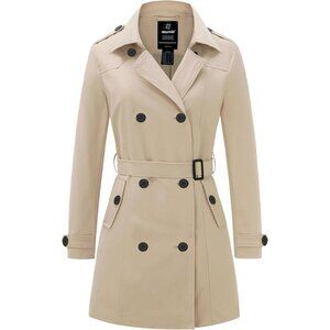 💫 Women Cream Trench Coat Waterproof Classic Lapel Outerwear Belt Warm Jackets